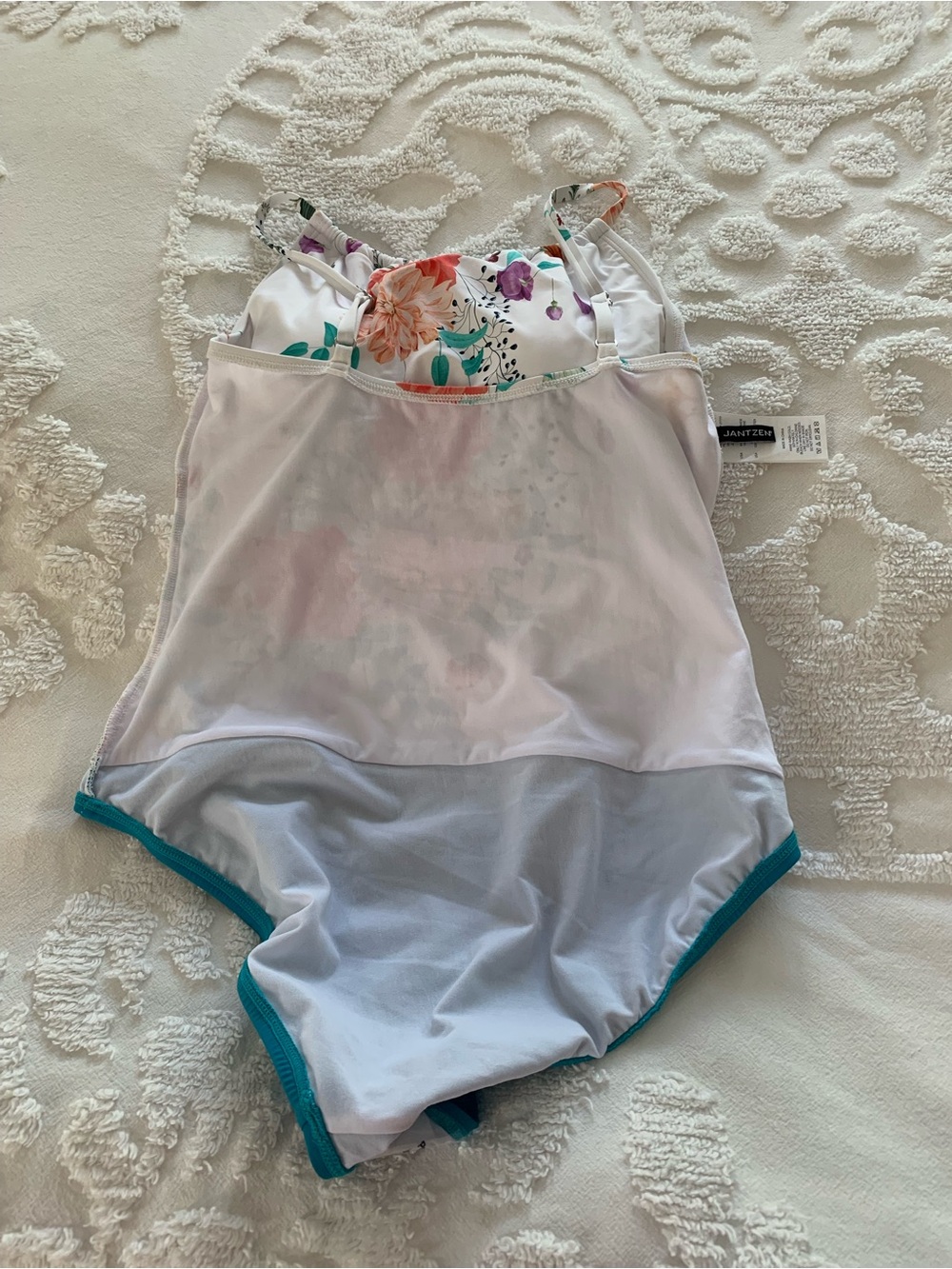 NWT Jantzen Swimsuit: 1-Piece White/Teal Multicolor Floral Top, Ruched Center 12 - Picture 14 of 15